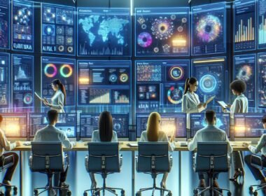 Modernes Marketing-Controllzentrum mit Hochtechnologie, Datenvisualisierungen und einem diverse Team bei der Analyse von Echtzeitdaten, unterstützt durch KI und maschinelles Lernen.