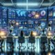 Modernes Marketing-Controllzentrum mit Hochtechnologie, Datenvisualisierungen und einem diverse Team bei der Analyse von Echtzeitdaten, unterstützt durch KI und maschinelles Lernen.