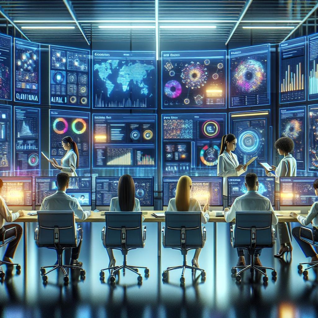 Modernes Marketing-Controllzentrum mit Hochtechnologie, Datenvisualisierungen und einem diverse Team bei der Analyse von Echtzeitdaten, unterstützt durch KI und maschinelles Lernen.