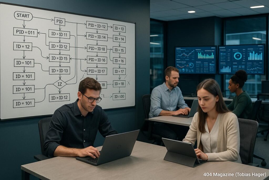 Modernes Büro mit Whiteboard, Datenströmen und Mitarbeitern bei der Arbeit an Laptops und Tablets, im Hintergrund Monitore mit Visualisierungen, professionell und fokussiert.