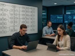 Modernes Büro mit Whiteboard, Datenströmen und Mitarbeitern bei der Arbeit an Laptops und Tablets, im Hintergrund Monitore mit Visualisierungen, professionell und fokussiert.