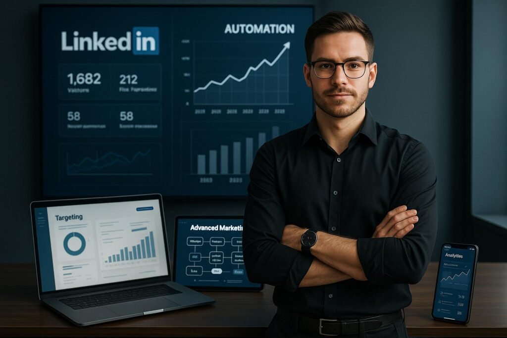 Selbstbewusster Dropshipping-Unternehmer in modernem Büro mit digitalen Bildschirmen und Wachstumsdiagrammen, betont Automatisierung und Technologietrends 2025