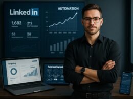 Selbstbewusster Dropshipping-Unternehmer in modernem Büro mit digitalen Bildschirmen und Wachstumsdiagrammen, betont Automatisierung und Technologietrends 2025