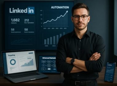 Selbstbewusster Dropshipping-Unternehmer in modernem Büro mit digitalen Bildschirmen und Wachstumsdiagrammen, betont Automatisierung und Technologietrends 2025