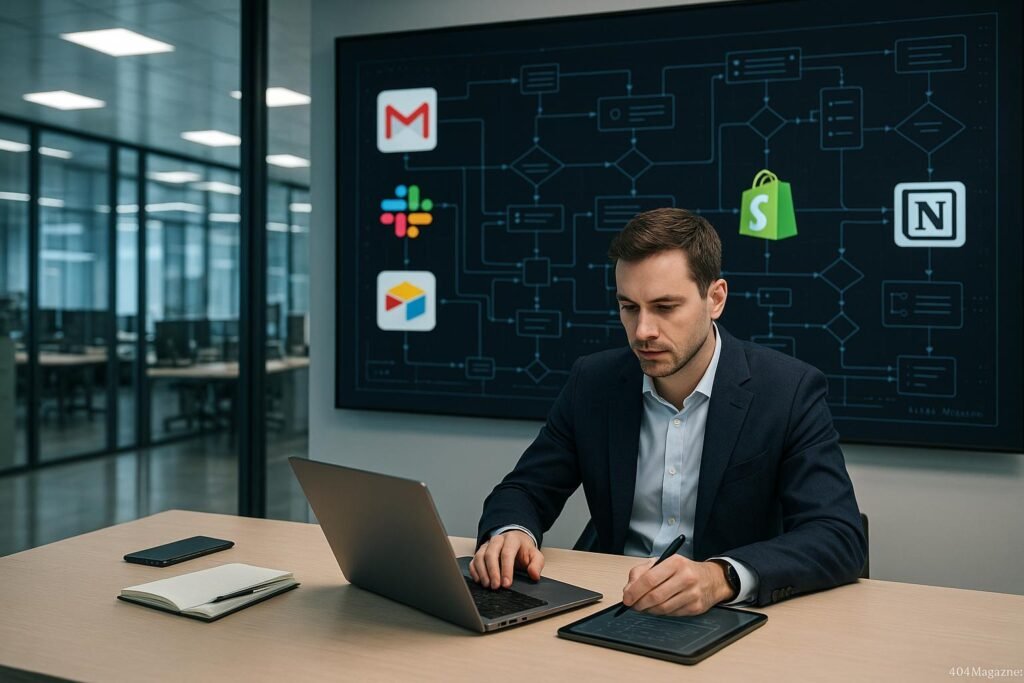 Modernes, hell erleuchtetes Büro mit digitalem Dark-Screen, Workflow-Diagrammen und App-Icons, im Vordergrund ein Business-Professional mit Laptop und Tablet, stellt Innovation und Automatisierung dar.