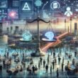 Moderne Forschungslabore in Deutschland mit Wissenschaftlern, City-Skyline, holographische Symbole für Datenethik und eine Balance zwischen technologischem Fortschritt und Regulierung
