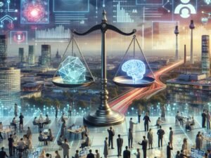Moderne Forschungslabore in Deutschland mit Wissenschaftlern, City-Skyline, holographische Symbole für Datenethik und eine Balance zwischen technologischem Fortschritt und Regulierung