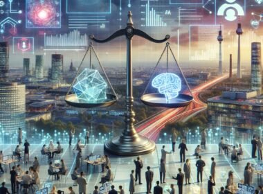 Moderne Forschungslabore in Deutschland mit Wissenschaftlern, City-Skyline, holographische Symbole für Datenethik und eine Balance zwischen technologischem Fortschritt und Regulierung