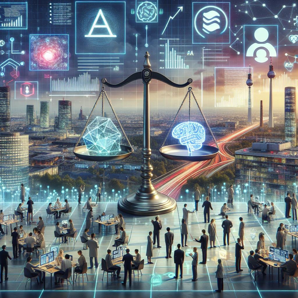 Moderne Forschungslabore in Deutschland mit Wissenschaftlern, City-Skyline, holographische Symbole für Datenethik und eine Balance zwischen technologischem Fortschritt und Regulierung