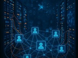 Hochmoderner Serverraum mit leuchtenden Serverblöcken, bunten Datenleitungen und holographischen Nutzerprofilen, verbunden durch Linien, visualisiert die Vernetzung und Analyse von Nutzerdaten.