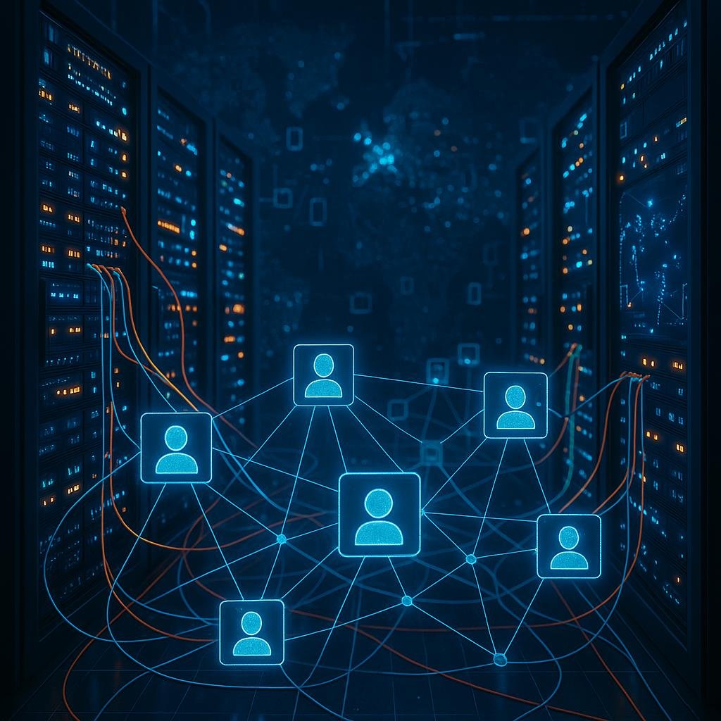 Hochmoderner Serverraum mit leuchtenden Serverblöcken, bunten Datenleitungen und holographischen Nutzerprofilen, verbunden durch Linien, visualisiert die Vernetzung und Analyse von Nutzerdaten.