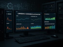 Hochdetailliertes Workstation-Setup mit großen Monitoren, Dashboards, Server-Racks und Überwachungstools für Performance-Analyse in E-Commerce Automatisierung, credit: 404 Magazine (Tobias Hager)
