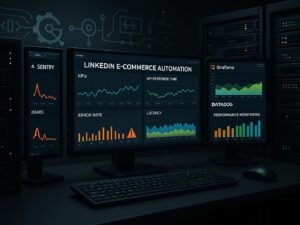 Hochdetailliertes Workstation-Setup mit großen Monitoren, Dashboards, Server-Racks und Überwachungstools für Performance-Analyse in E-Commerce Automatisierung, credit: 404 Magazine (Tobias Hager)