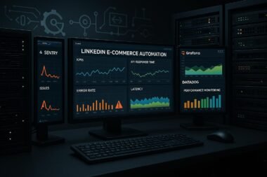 Hochdetailliertes Workstation-Setup mit großen Monitoren, Dashboards, Server-Racks und Überwachungstools für Performance-Analyse in E-Commerce Automatisierung, credit: 404 Magazine (Tobias Hager)