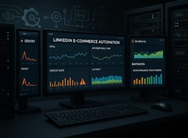 Hochdetailliertes Workstation-Setup mit großen Monitoren, Dashboards, Server-Racks und Überwachungstools für Performance-Analyse in E-Commerce Automatisierung, credit: 404 Magazine (Tobias Hager)