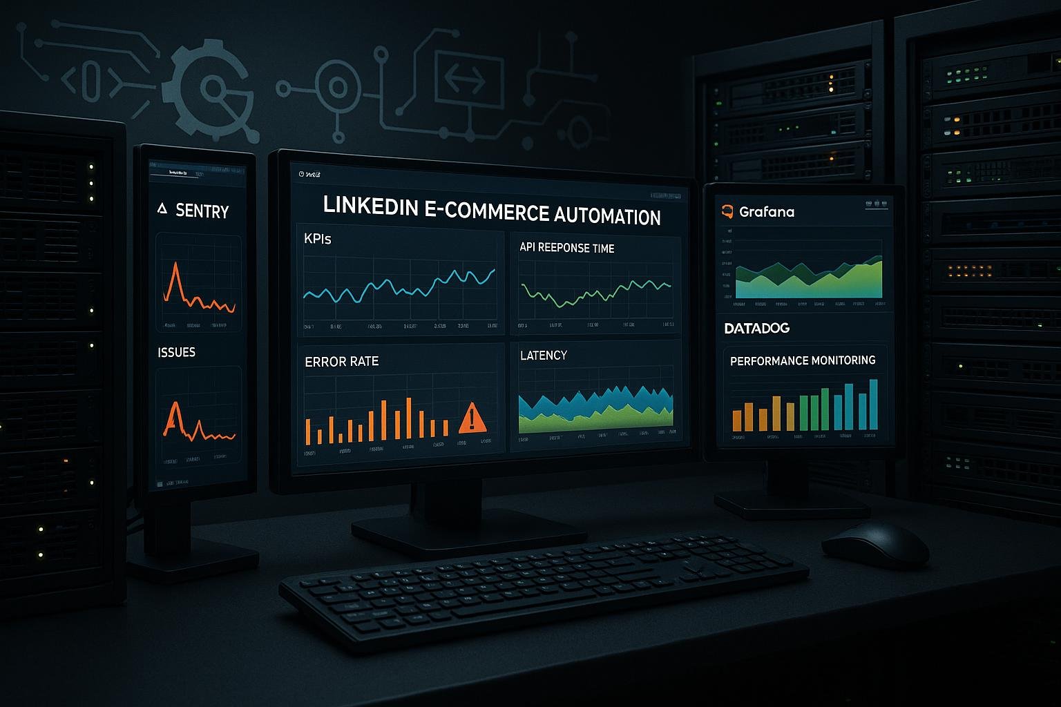 Hochdetailliertes Workstation-Setup mit großen Monitoren, Dashboards, Server-Racks und Überwachungstools für Performance-Analyse in E-Commerce Automatisierung, credit: 404 Magazine (Tobias Hager)