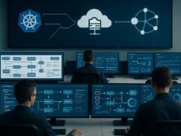 Modernes Kontrollzentrum mit Monitore, Datenflüssen, Cloud-Infrastruktur und Operatoren, die Echtzeit-Dashboards analysieren