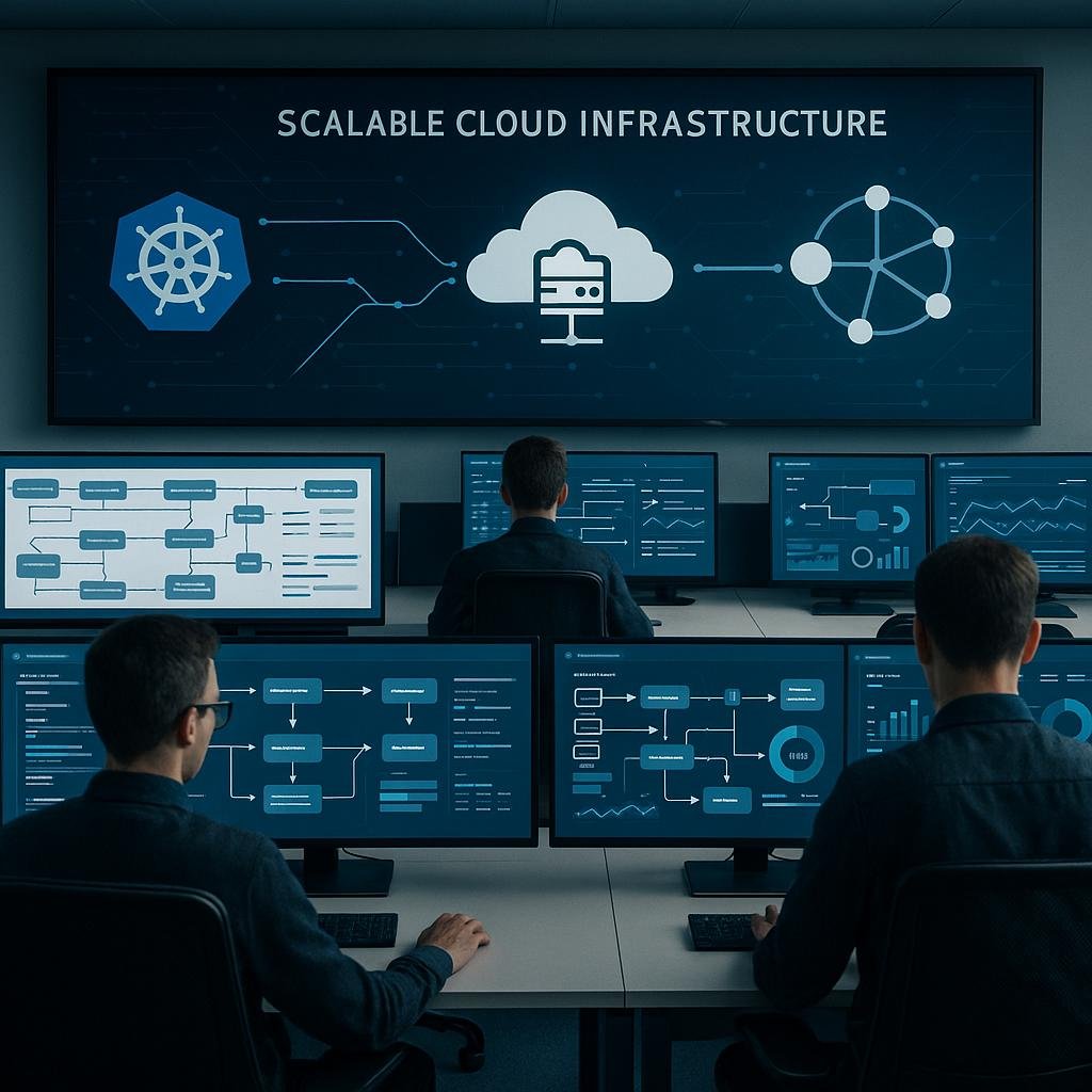 Modernes Kontrollzentrum mit Monitore, Datenflüssen, Cloud-Infrastruktur und Operatoren, die Echtzeit-Dashboards analysieren