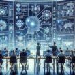 Diverse Fachleute in einem futuristischen Büro, die holographische Datennetzwerke und KI-Tools für Online-Marketing analysieren, mit technischem Design und digitaler Ästhetik