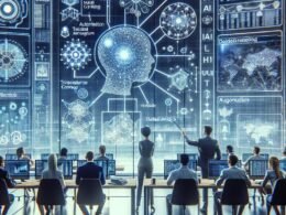Diverse Fachleute in einem futuristischen Büro, die holographische Datennetzwerke und KI-Tools für Online-Marketing analysieren, mit technischem Design und digitaler Ästhetik