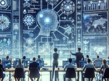Diverse Fachleute in einem futuristischen Büro, die holographische Datennetzwerke und KI-Tools für Online-Marketing analysieren, mit technischem Design und digitaler Ästhetik