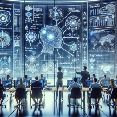 Diverse Fachleute in einem futuristischen Büro, die holographische Datennetzwerke und KI-Tools für Online-Marketing analysieren, mit technischem Design und digitaler Ästhetik