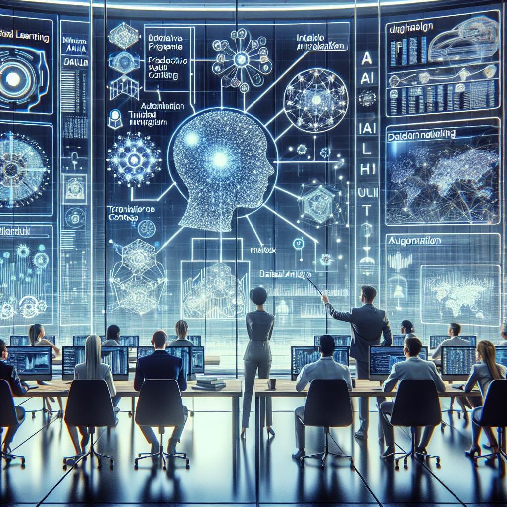 Diverse Fachleute in einem futuristischen Büro, die holographische Datennetzwerke und KI-Tools für Online-Marketing analysieren, mit technischem Design und digitaler Ästhetik