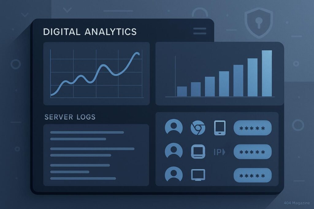 Modernes Digital-Analytics-Dashboard mit Datenvisualisierungen, Server-Logs und pseudonymisierten Nutzerprofilen in Blau- und Grautönen, betont Datenschutz und Sicherheit.