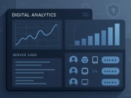 Modernes Digital-Analytics-Dashboard mit Datenvisualisierungen, Server-Logs und pseudonymisierten Nutzerprofilen in Blau- und Grautönen, betont Datenschutz und Sicherheit.