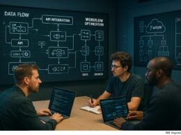 Entwickler und Data Engineers arbeiten an einem großen Digital-Whiteboard mit Datenflussdiagrammen, API-Integrationen und Cloud-Architekturen im modernen Büro. Im Hintergrund Serverracks und Visualisierungen von Cloud-Architekturen sichtbar.
