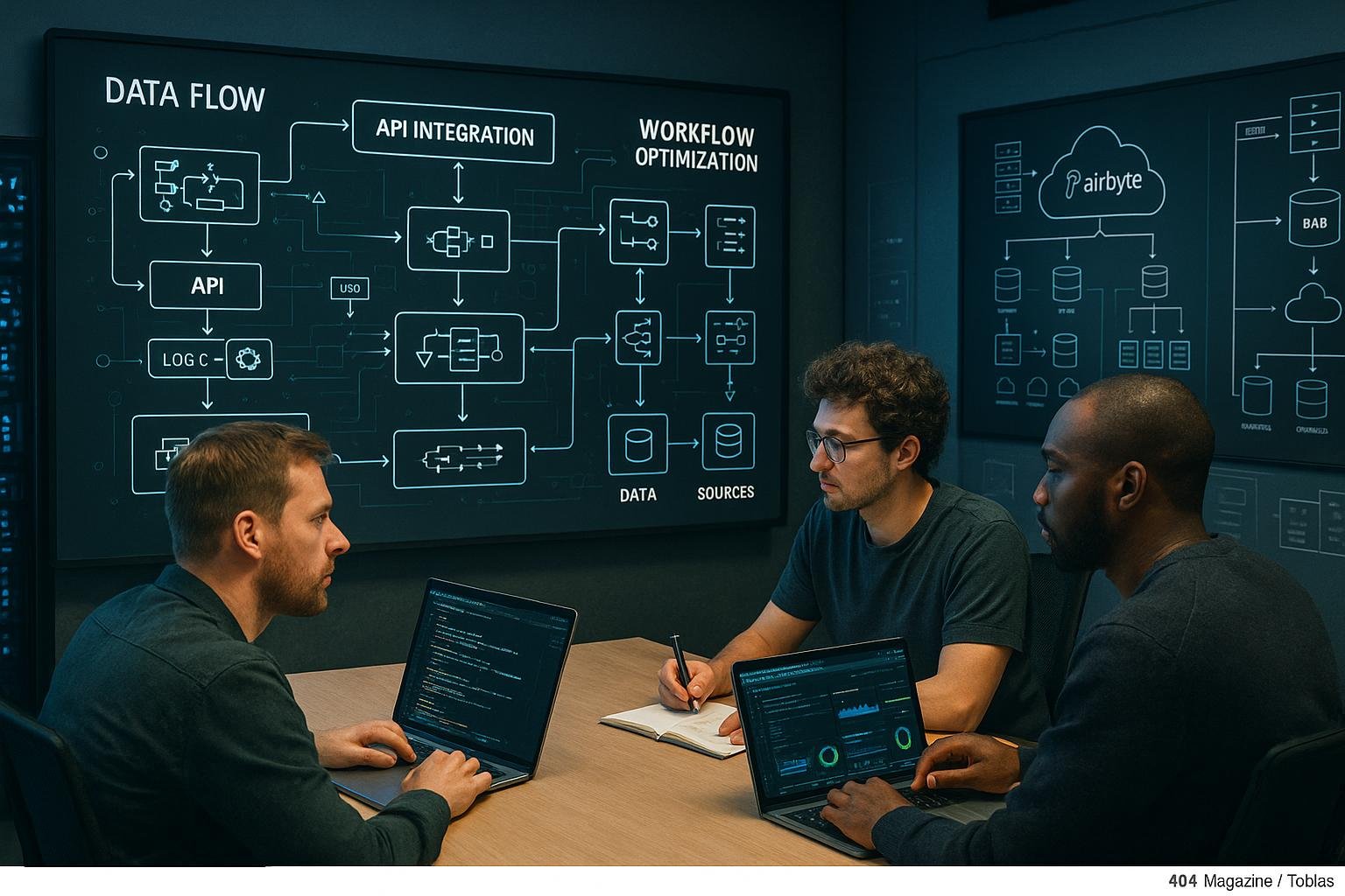 Entwickler und Data Engineers arbeiten an einem großen Digital-Whiteboard mit Datenflussdiagrammen, API-Integrationen und Cloud-Architekturen im modernen Büro. Im Hintergrund Serverracks und Visualisierungen von Cloud-Architekturen sichtbar.