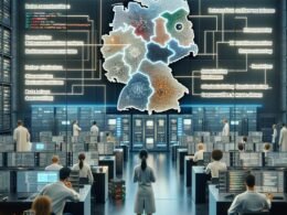 Hochmodernes deutsches Forschungszentrum mit Wissenschaftlern, die an neuronalen Netzwerken und nachhaltiger KI-Architektur arbeiten, vor digitaler Karte Deutschlands.