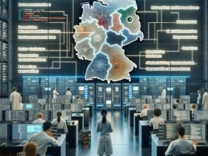 Hochmodernes deutsches Forschungszentrum mit Wissenschaftlern, die an neuronalen Netzwerken und nachhaltiger KI-Architektur arbeiten, vor digitaler Karte Deutschlands.