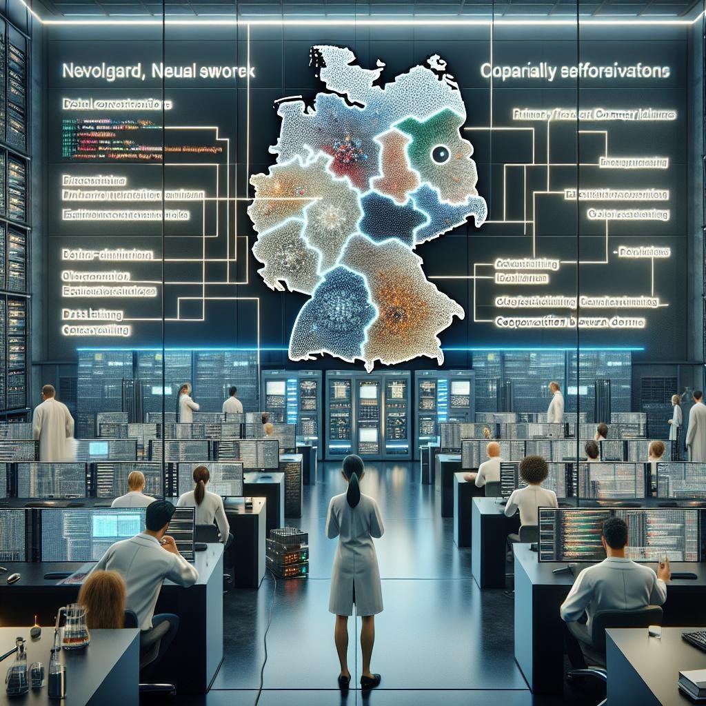 Hochmodernes deutsches Forschungszentrum mit Wissenschaftlern, die an neuronalen Netzwerken und nachhaltiger KI-Architektur arbeiten, vor digitaler Karte Deutschlands.