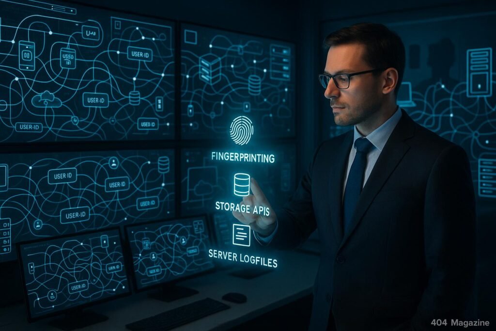 Hochmodernes Kontrollzentrum mit Monitoren, Server-Darstellungen und einem Technikexperten, der holographisch Browser-Features analysiert, im Hintergrund Geräte und Infrastruktur sichtbar.