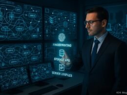 Hochmodernes Kontrollzentrum mit Monitoren, Server-Darstellungen und einem Technikexperten, der holographisch Browser-Features analysiert, im Hintergrund Geräte und Infrastruktur sichtbar.