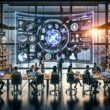 Ein moderner Marketingarbeitsplatz mit einem großen digitalen Bildschirm, holographischen Analysen, einem vielfältigen Team, das Daten diskutiert, und digitaler Infografik, die KI-gestützte Marketingstrategien zeigt.