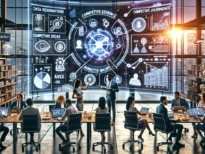 Ein moderner Marketingarbeitsplatz mit einem großen digitalen Bildschirm, holographischen Analysen, einem vielfältigen Team, das Daten diskutiert, und digitaler Infografik, die KI-gestützte Marketingstrategien zeigt.