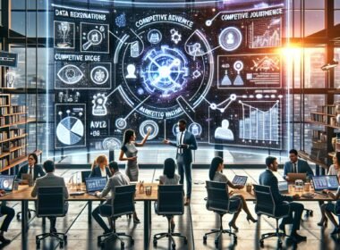 Ein moderner Marketingarbeitsplatz mit einem großen digitalen Bildschirm, holographischen Analysen, einem vielfältigen Team, das Daten diskutiert, und digitaler Infografik, die KI-gestützte Marketingstrategien zeigt.