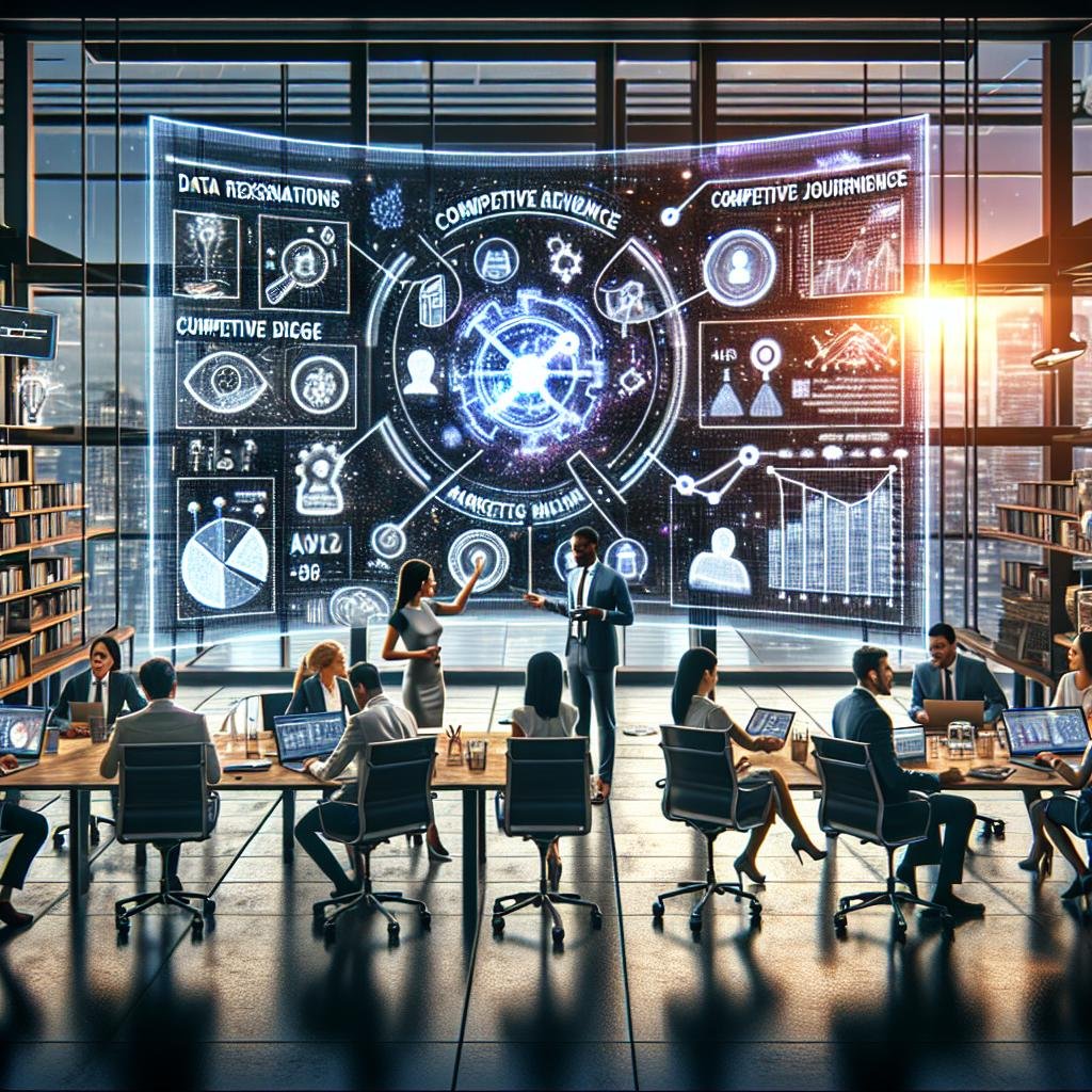 Ein moderner Marketingarbeitsplatz mit einem großen digitalen Bildschirm, holographischen Analysen, einem vielfältigen Team, das Daten diskutiert, und digitaler Infografik, die KI-gestützte Marketingstrategien zeigt.