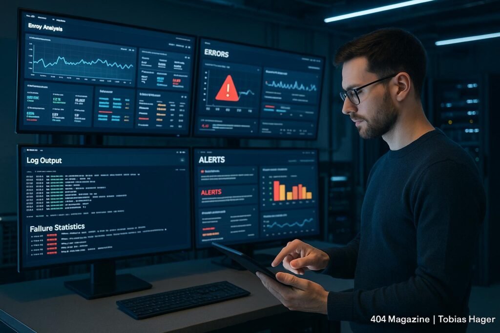 Futuristischer Kontrollraum mit großen Monitoren, Dateningenieur arbeitet mit Tablet, technische Ausrüstung und LED-Leuchten im Hintergrund. Credit: 404 Magazine (Tobias Hager)