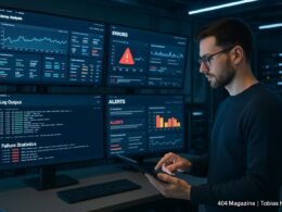 Futuristischer Kontrollraum mit großen Monitoren, Dateningenieur arbeitet mit Tablet, technische Ausrüstung und LED-Leuchten im Hintergrund. Credit: 404 Magazine (Tobias Hager)