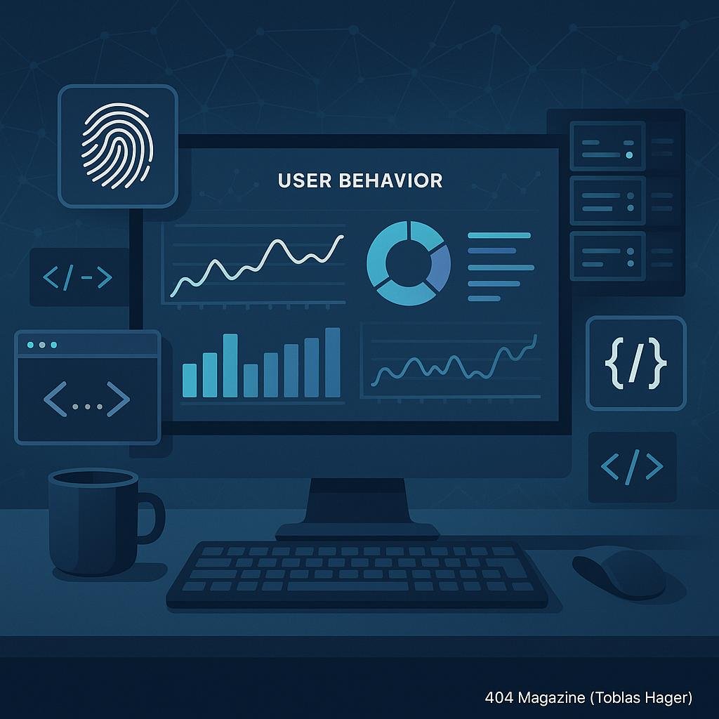 Moderner digitaler Arbeitsplatz mit Monitor, Datenanalysen, technischen Symbolen und vernetztem Hintergrund, betont Datenschutz und Innovation