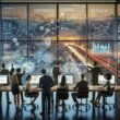 Dynamisches Büro mit Fachleuten, digitalen Bildschirmen und futuristischem Stadtbild, das KI, Robotik und autonome Fahrzeuge zeigt, vom 404 Magazine (Tobias Hager).