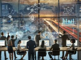 Dynamisches Büro mit Fachleuten, digitalen Bildschirmen und futuristischem Stadtbild, das KI, Robotik und autonome Fahrzeuge zeigt, vom 404 Magazine (Tobias Hager).