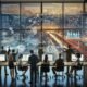 Dynamisches Büro mit Fachleuten, digitalen Bildschirmen und futuristischem Stadtbild, das KI, Robotik und autonome Fahrzeuge zeigt, vom 404 Magazine (Tobias Hager).