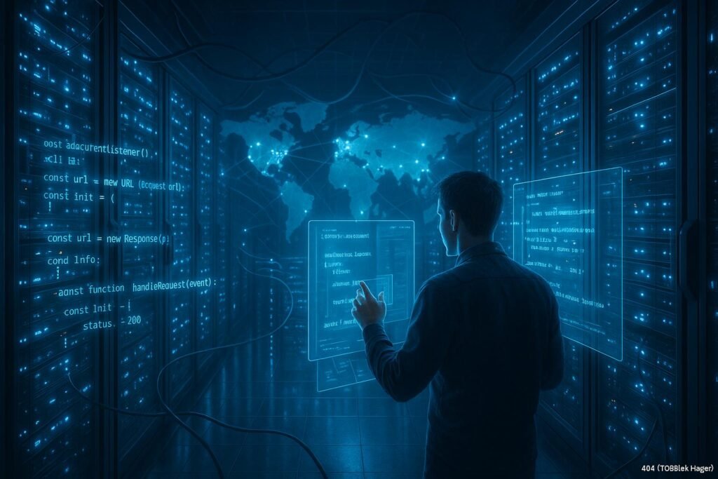 Futuristischer Serverraum mit Edge-Servern, holographischen Code-Schnipseln und einer Weltkarte im Hintergrund