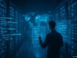 Futuristischer Serverraum mit Edge-Servern, holographischen Code-Schnipseln und einer Weltkarte im Hintergrund