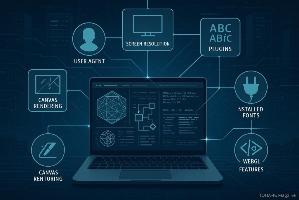 Grafische Darstellung eines modernen Computersystems mit Browser-Fingerprinting-Elementen und digitaler Signatur, im Hintergrund Server und Netzwerke.