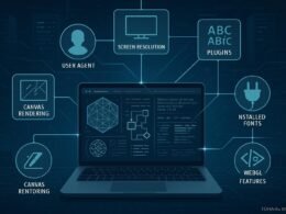 Grafische Darstellung eines modernen Computersystems mit Browser-Fingerprinting-Elementen und digitaler Signatur, im Hintergrund Server und Netzwerke.